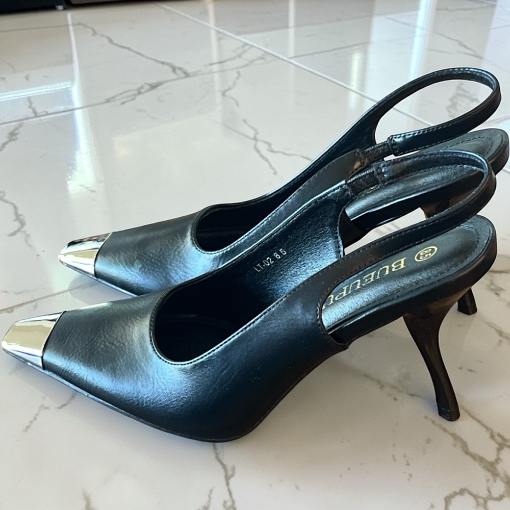 Bueupu Black Leather Slingback Heels with Silver Cap Toe
